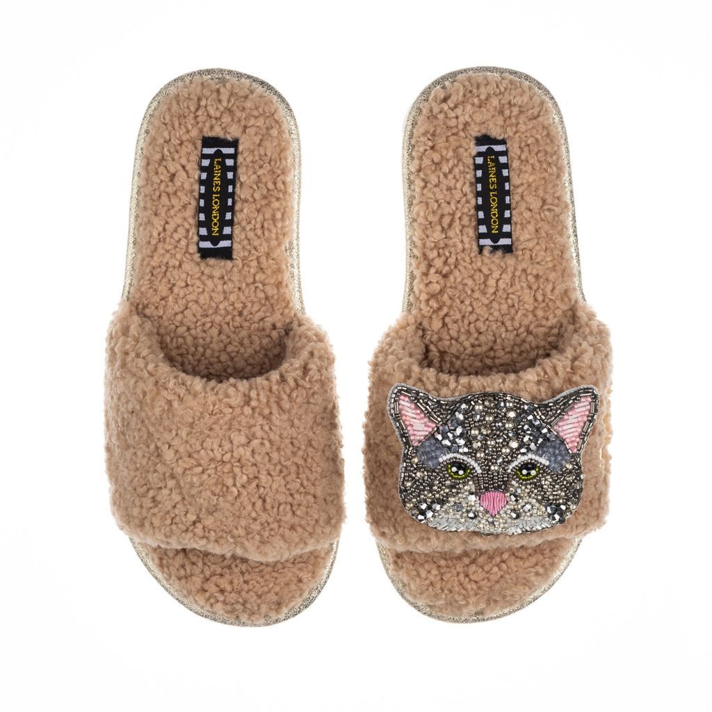 Women's Brown Teddy Towelling Slipper Sliders With Luna Cat Brooch - Toffee Small LAINES LONDON