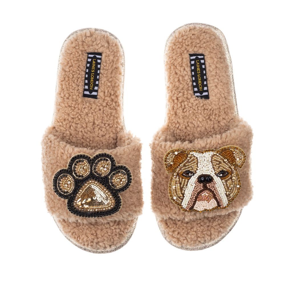 Women's Brown Teddy Towelling Slipper Sliders With Mr Beefy & Paw Brooch - Toffee Small LAINES LONDON