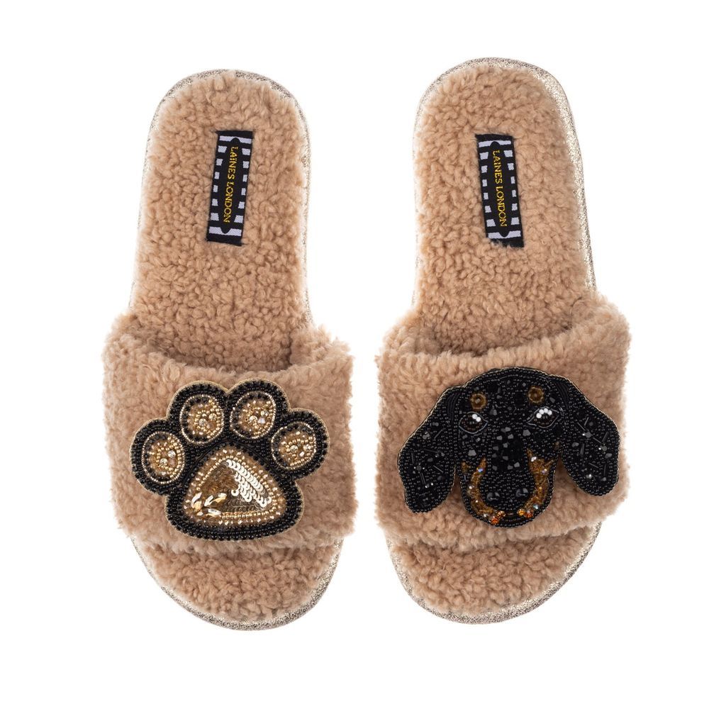 Women's Brown Teddy Towelling Slipper Sliders With Little Sausage & Paw Brooch - Toffee Small LAINES LONDON