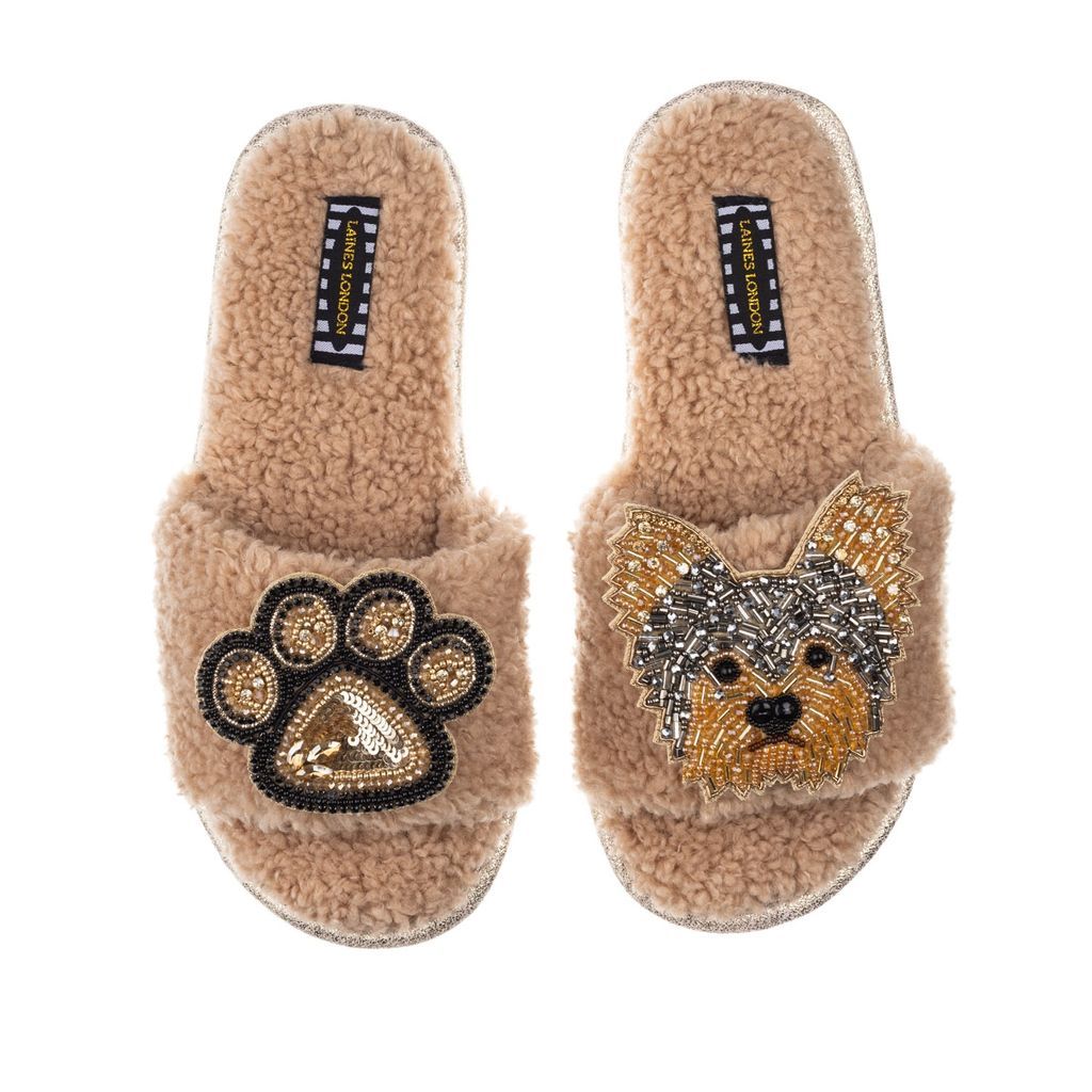 Women's Brown Teddy Towelling Slipper Sliders With Minnie Yorkie & Paw Brooches - Toffee Small LAINES LONDON