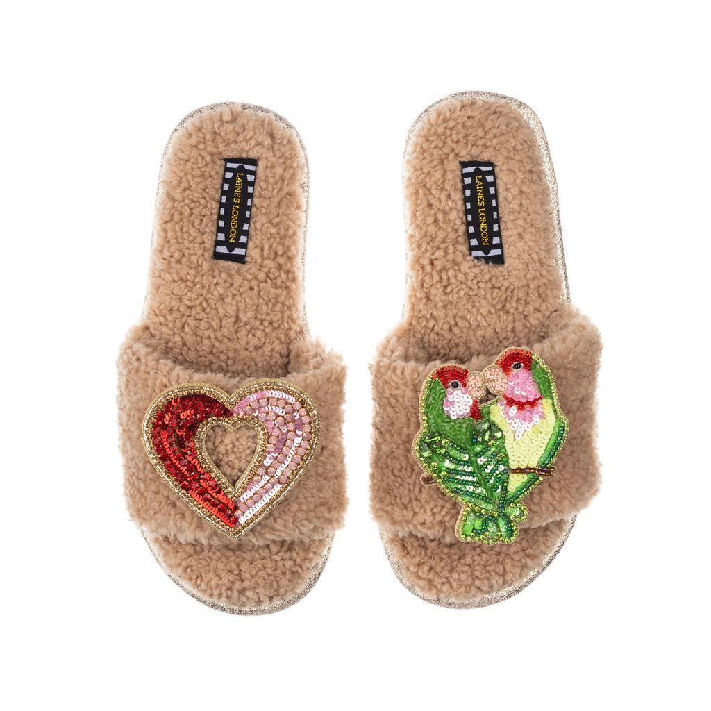 Women's Brown Teddy Towelling Slipper Sliders With Love Birds & Heart Brooches - Toffee Small LAINES LONDON