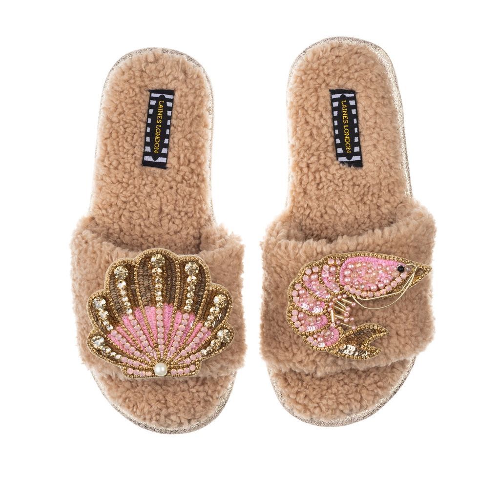 Women's Brown Teddy Towelling Slipper Sliders With Pink Prawn & Pink & Gold Shell - Toffee Small LAINES LONDON