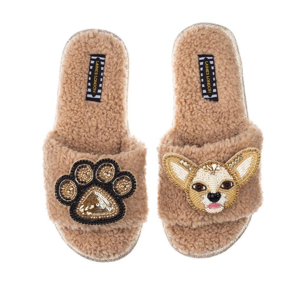 Women's Brown Teddy Towelling Slipper Sliders With Princess Chihuahua & Paw Brooch - Toffee Small LAINES LONDON