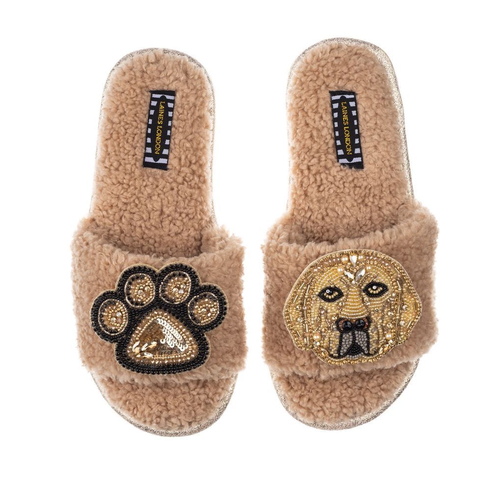 Women's Brown Teddy Towelling Slipper Sliders With Skip & Paw Brooch - Toffee Small LAINES LONDON
