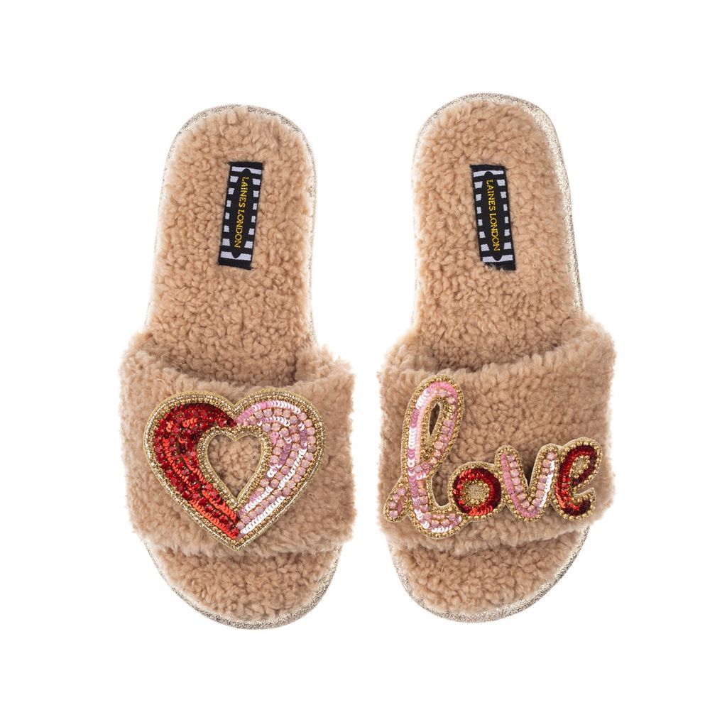 Women's Brown Teddy Towelling Slipper Sliders With Red & Pink Love & Heart Brooches - Toffee Small LAINES LONDON