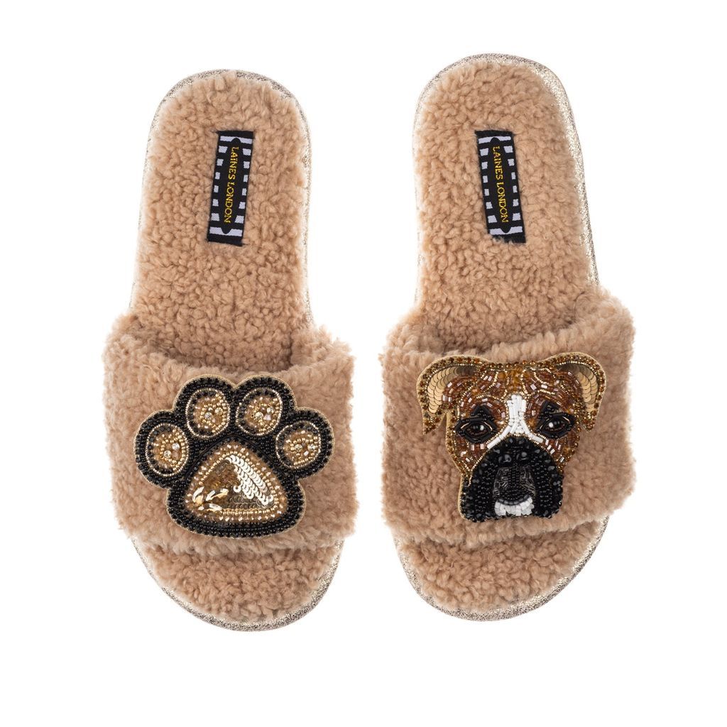 Women's Brown Teddy Towelling Slipper Sliders With Pip The Boxer & Paw Brooches - Toffee Small LAINES LONDON