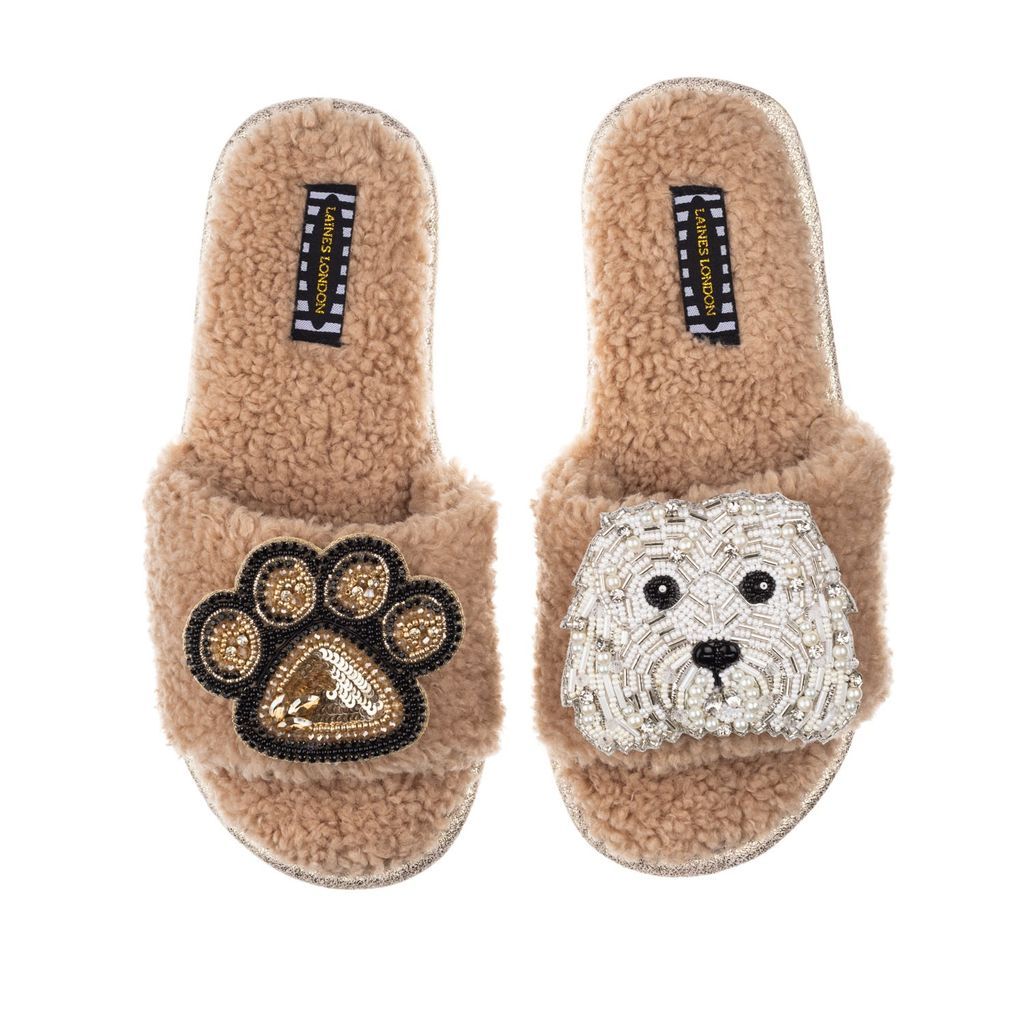 Women's Brown Teddy Towelling Slipper Sliders With Queenie & Paw Brooch - Toffee Small LAINES LONDON