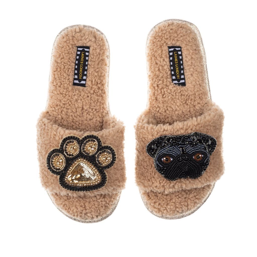 Women's Brown Teddy Towelling Slipper Sliders With Snoopy & Paw Brooch - Toffee Small LAINES LONDON