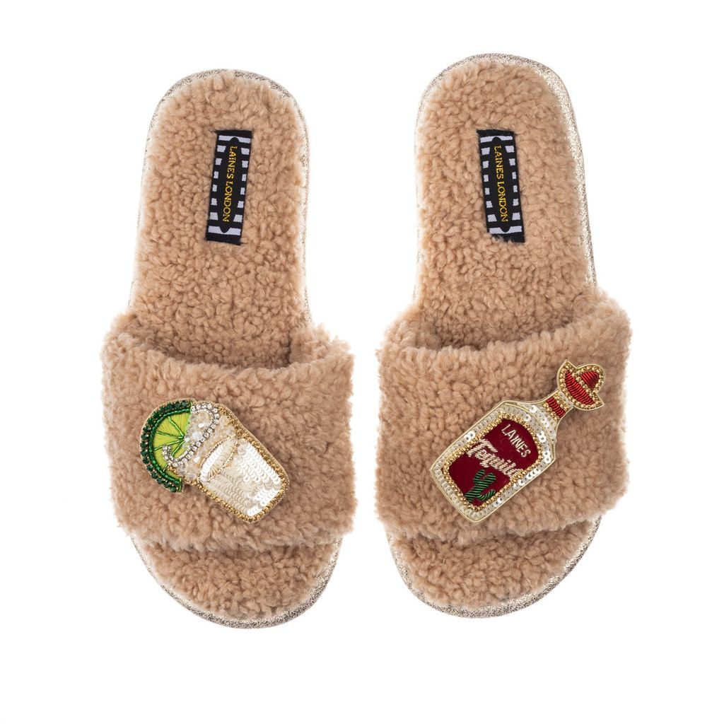 Women's Brown Teddy Towelling Slipper Sliders With Tequila Slammer Brooches - Toffee Small LAINES LONDON