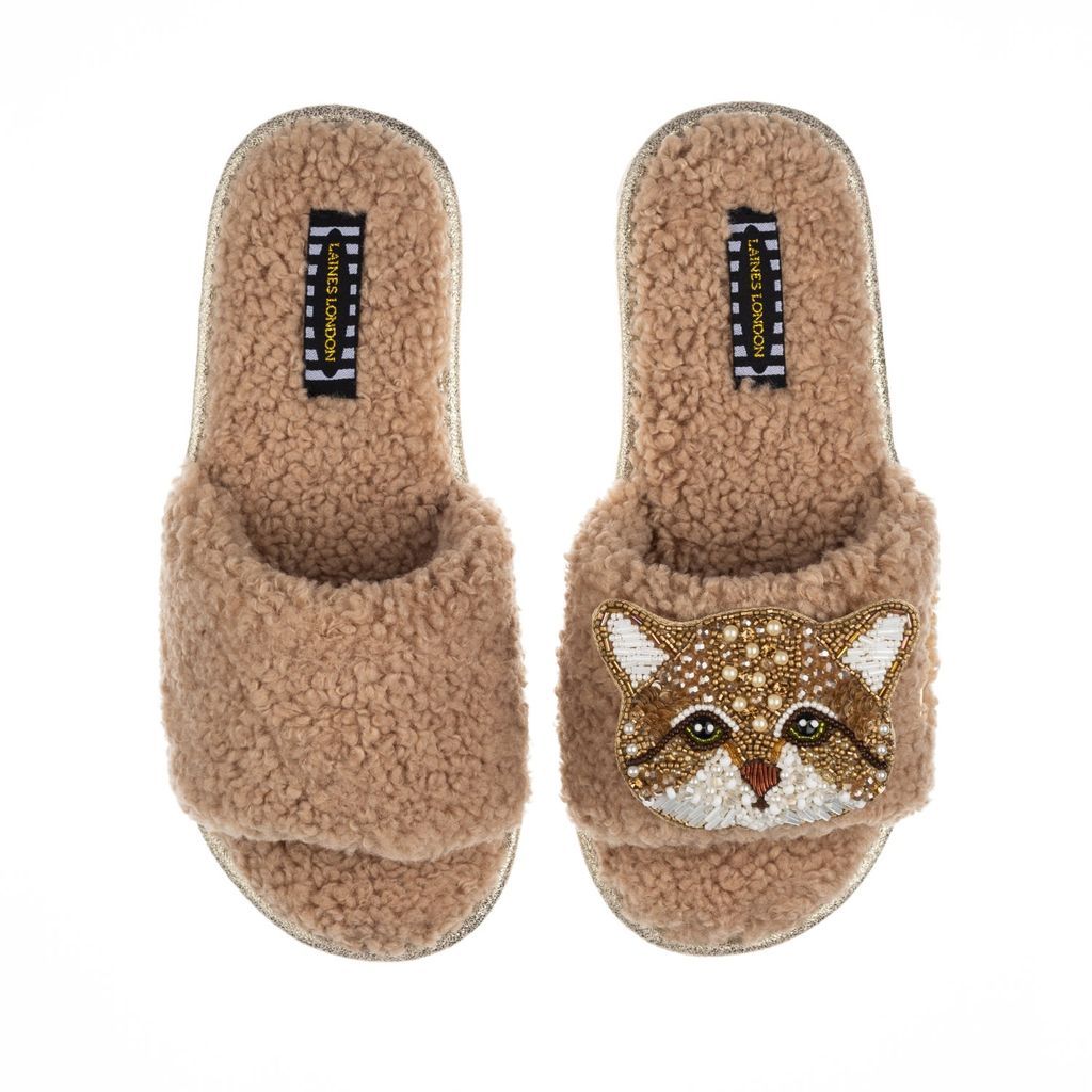Women's Brown Teddy Towelling Slipper Sliders With Tom Cat Brooch - Toffee Small LAINES LONDON