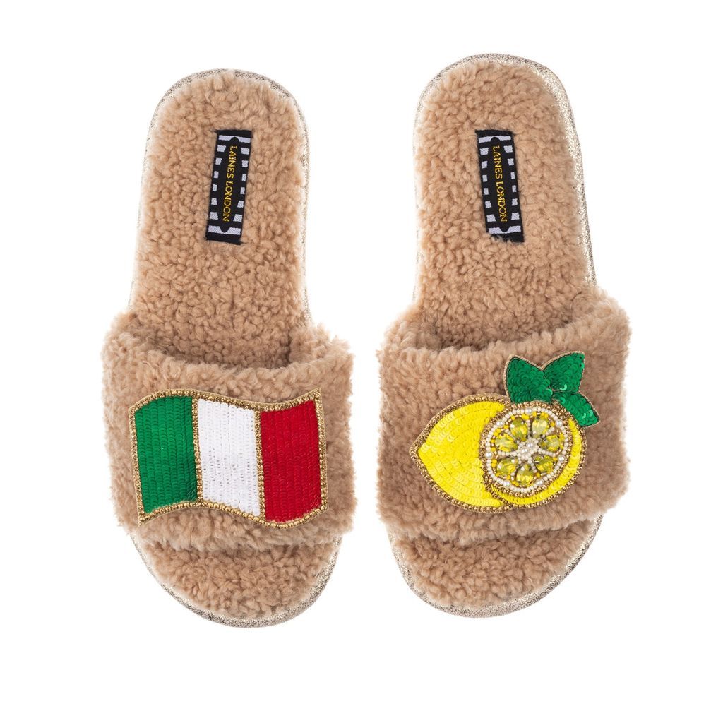 Women's Brown Teddy Towelling Slipper Sliders With The Amalfi Brooches - Toffee Small LAINES LONDON