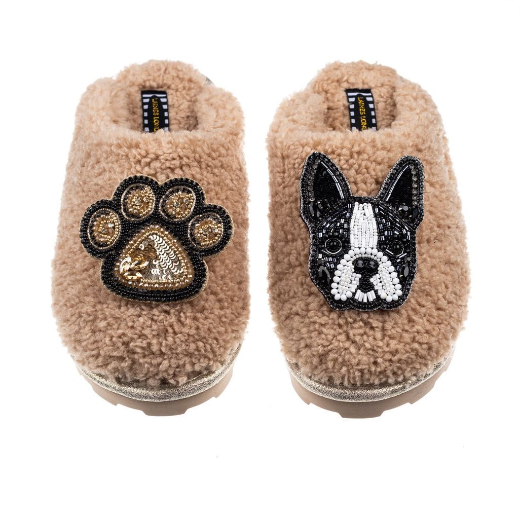 Women's Brown Towelling Closed Toe Slippers With Buddy Boston Terrier & Paw Brooches - Toffee Small LAINES LONDON