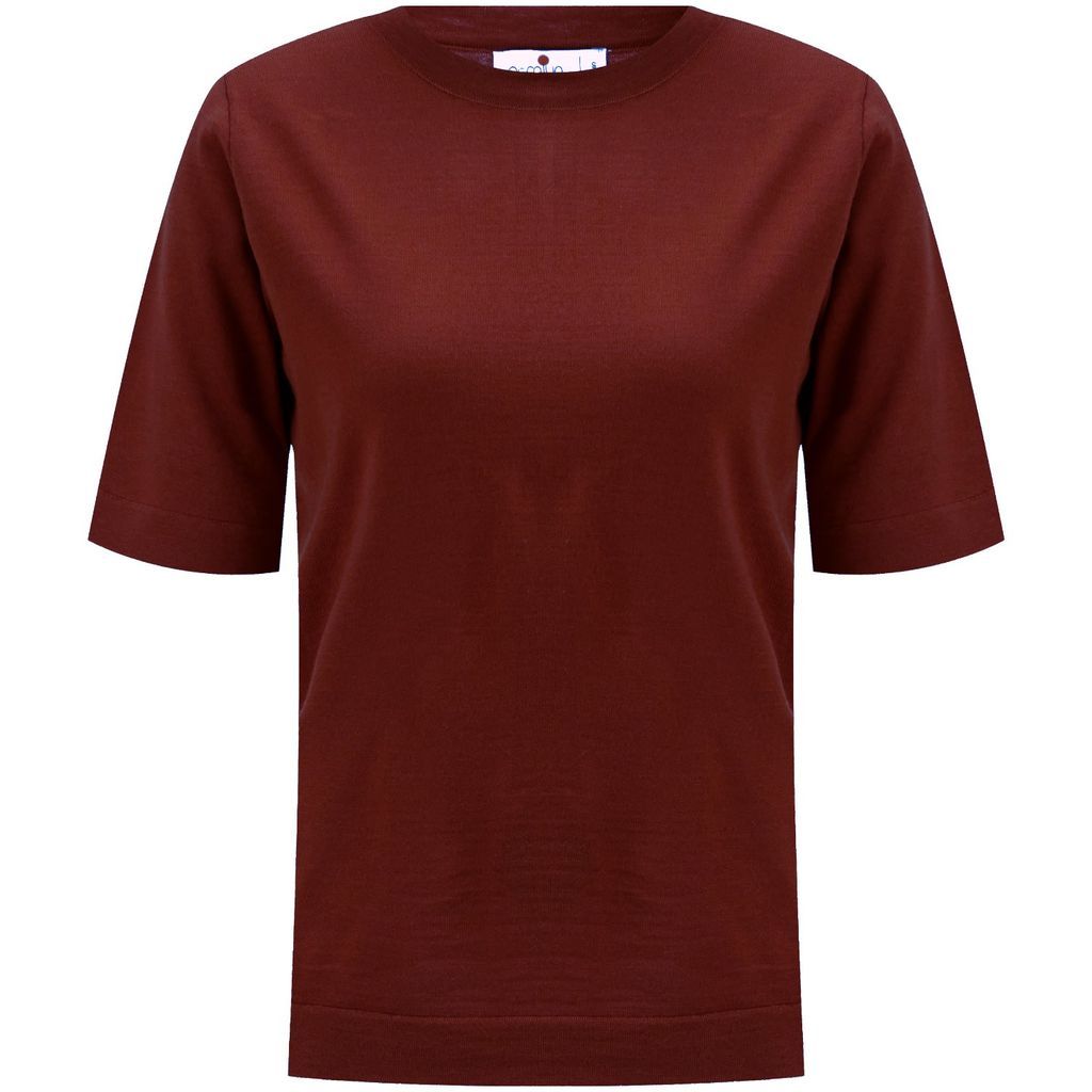 Women's Brown Trine O-Neck Fine Knit Merino Wool T-Shirt - Burnt Umber Small Peraluna