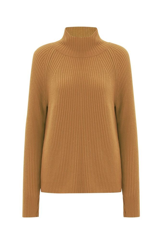 Women's Brown Turtle Neck Cashmere Mix Ribbed Pullover Camel Small Peraluna