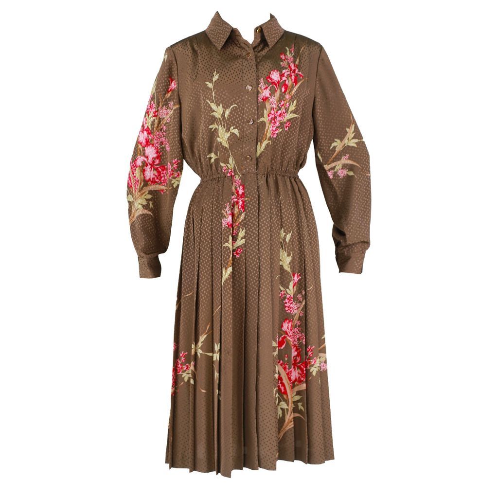 Women's Brown Vintage Chiffon Floral Pleated Dress With Button Up Collar Neck Medium Sugar Cream Vintage