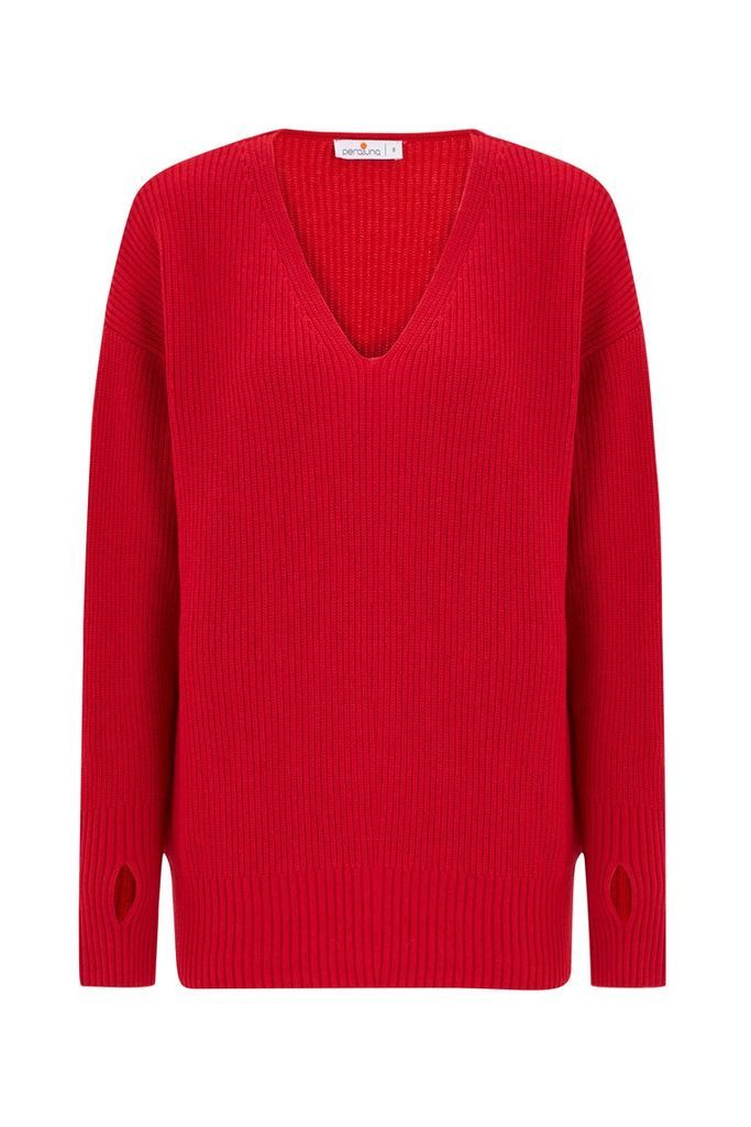 Women's Cashmere Blend V Neck Loose Fit Pullover - Red Small Peraluna