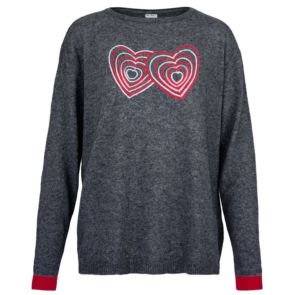 Women's Cashmere Mix Sweater In Charcoal Grey With Hearts One Size At Last...
