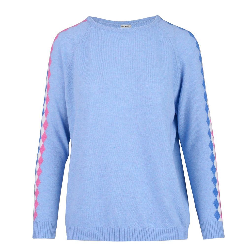 Women's Cashmere Mix Sweater In Blue With Multi Diamond Arm Stripe One Size At Last...