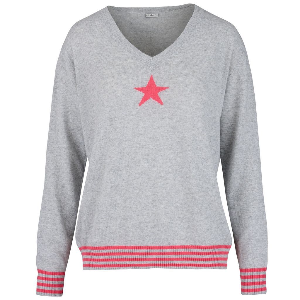 Women's Cashmere Mix Sweater In Grey With Coral Star & Stripes One Size At Last...