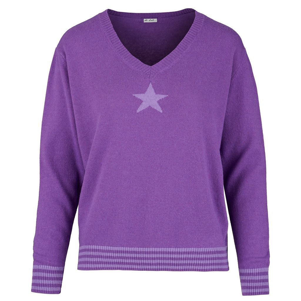 Women's Cashmere Mix Sweater In Purple With Light Purple Star & Stripes One Size At Last...