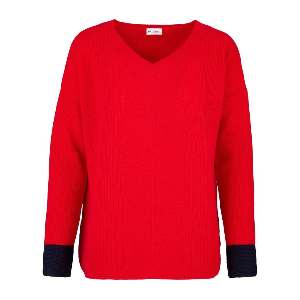 Women's Cashmere V-Neck Ribbed Sweater In Red With Navy Cuff One Size At Last...