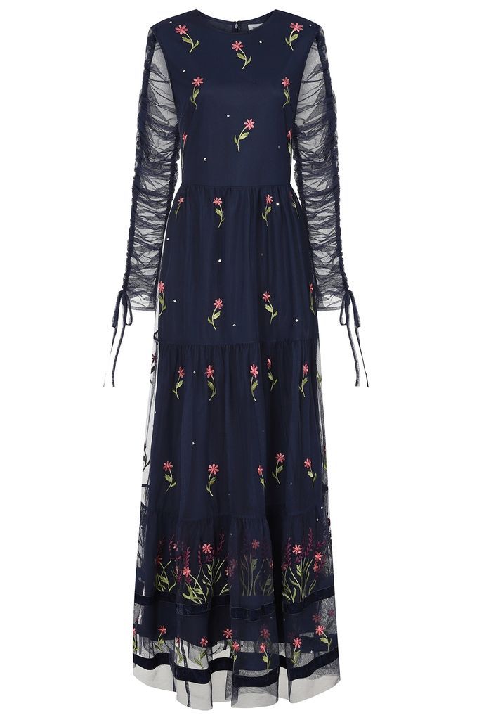 Women's Celandine Floral Embroidered Maxi Dress - Navy Blue Extra Small Frock and Frill