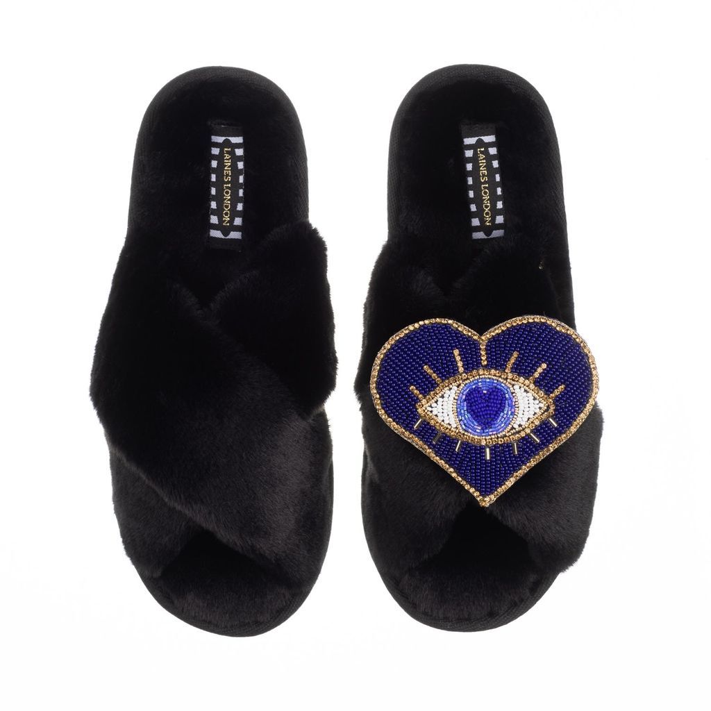 Women's Classic Laines Slippers With Artisan Blue Heart Eye Brooch - Black Small LAINES LONDON