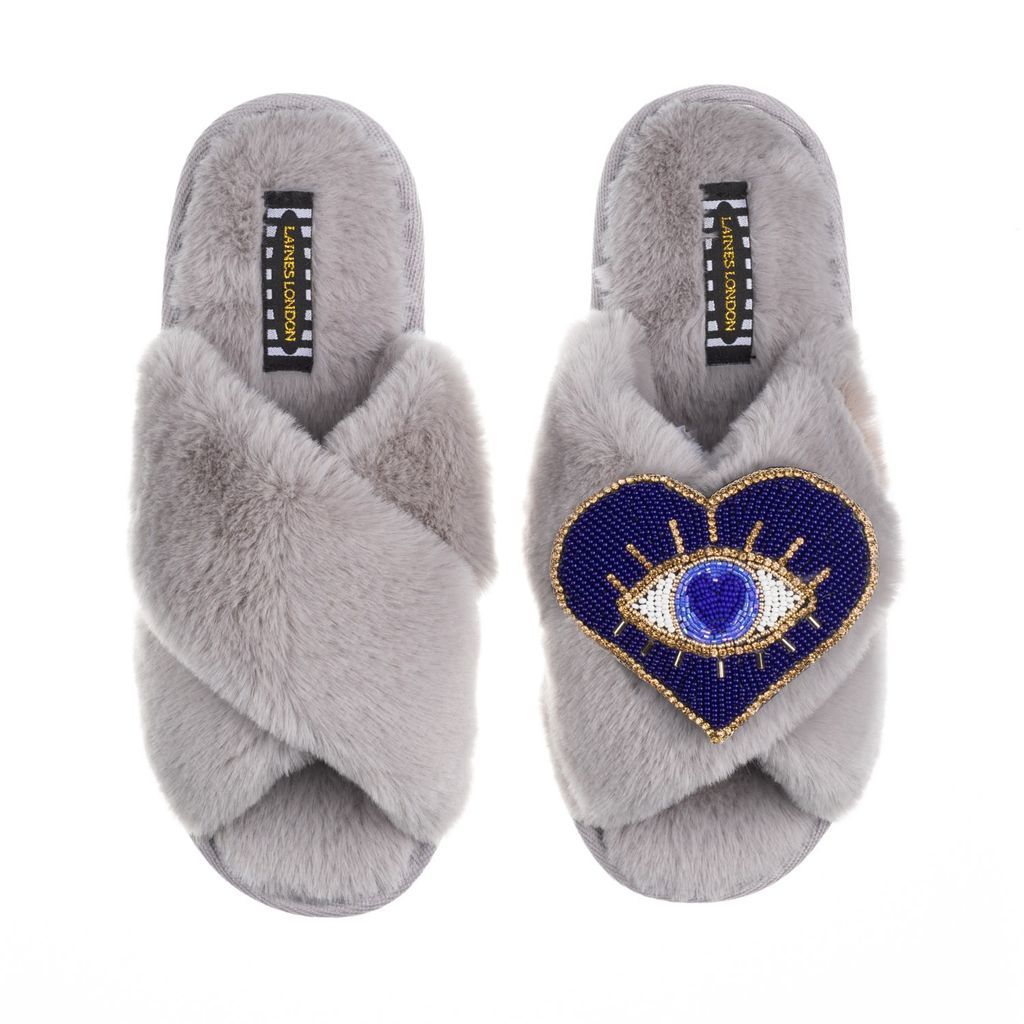 Women's Classic Laines Slippers With Artisan Blue Heart Eye Brooch - Grey Small LAINES LONDON