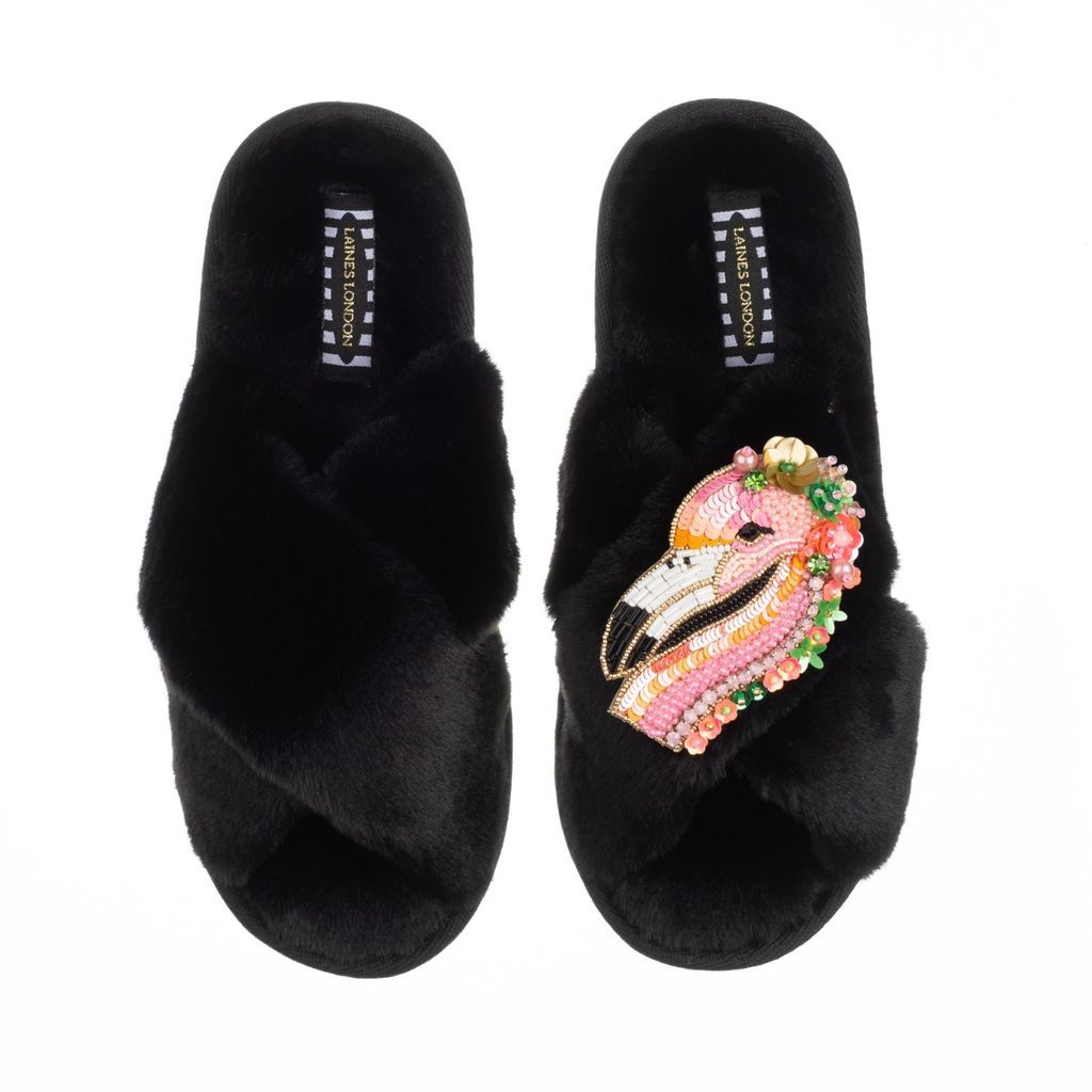 Women's Classic Laines Slippers With Artisan Flamingo Brooch - Black Small LAINES LONDON