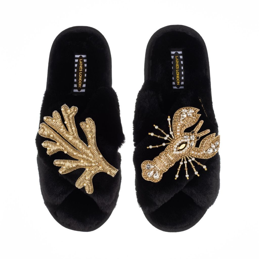 Women's Classic Laines Slippers With Artisan Gold Coral & Lobster Brooches - Black Small LAINES LONDON