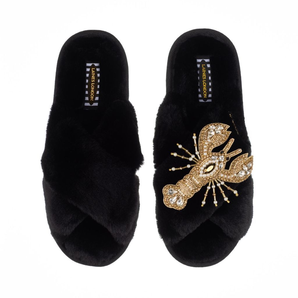 Women's Classic Laines Slippers With Artisan Gold Lobster Brooch - Black Small LAINES LONDON