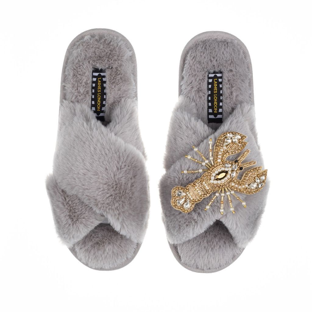 Women's Classic Laines Slippers With Artisan Gold Lobster Brooch - Grey Small LAINES LONDON