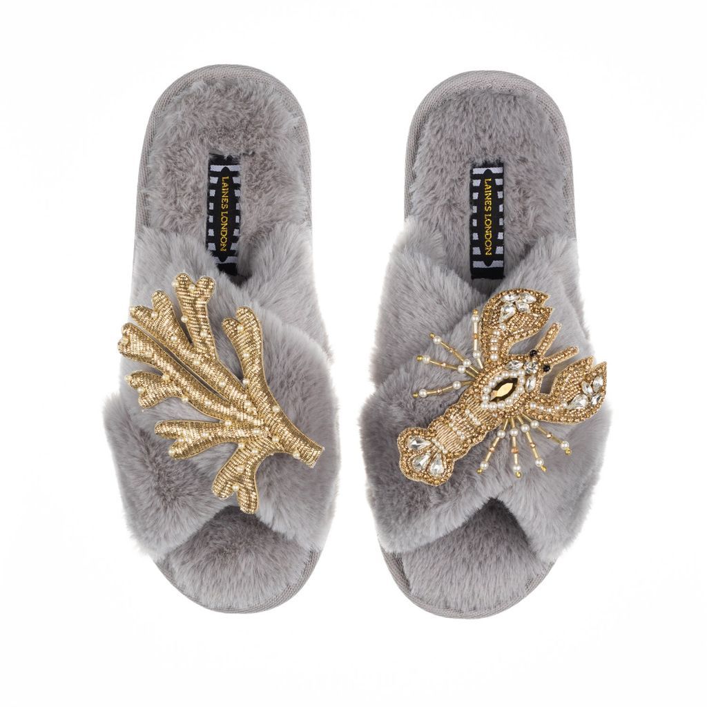 Women's Classic Laines Slippers With Artisan Gold Coral & Lobster Brooches - Grey Small LAINES LONDON
