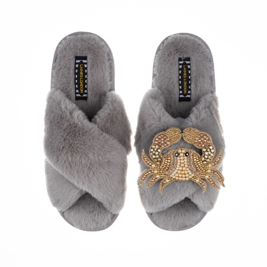 Women's Classic Laines Slippers With Artisan Gold Crab - Grey Small LAINES LONDON