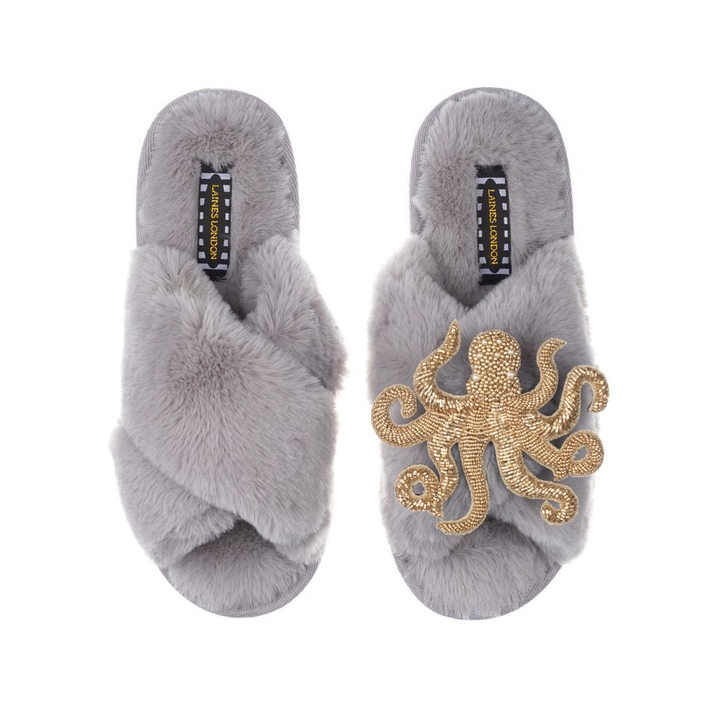 Women's Classic Laines Slippers With Artisan Gold Octopus - Grey Small LAINES LONDON
