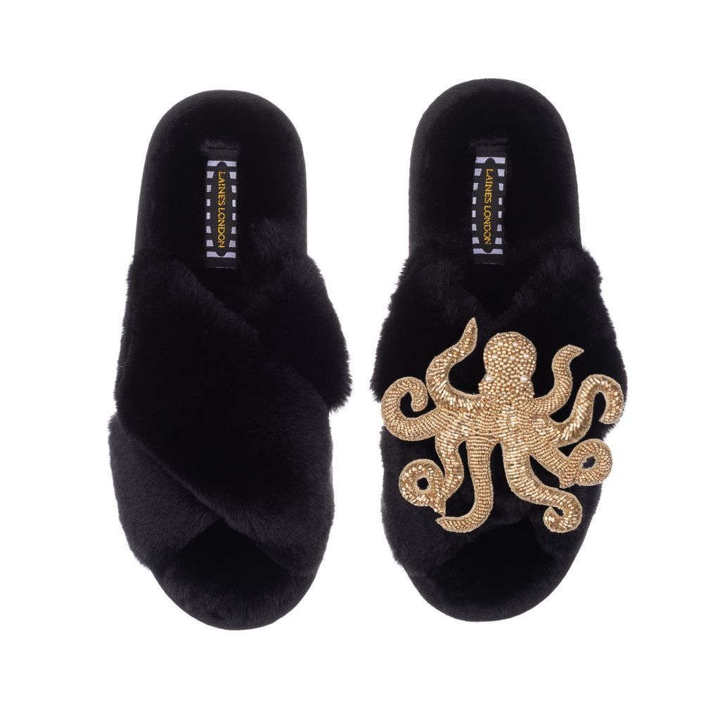 Women's Classic Laines Slippers With Artisan Gold Octopus - Black Small LAINES LONDON
