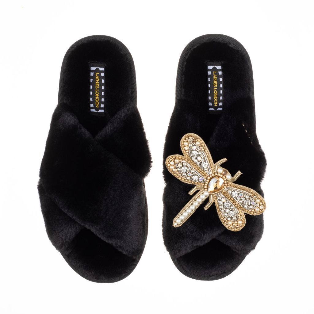 Women's Classic Laines Slippers With Artisan Gold, Silver & Pearl Dragonfly Brooch - Black Small LAINES LONDON