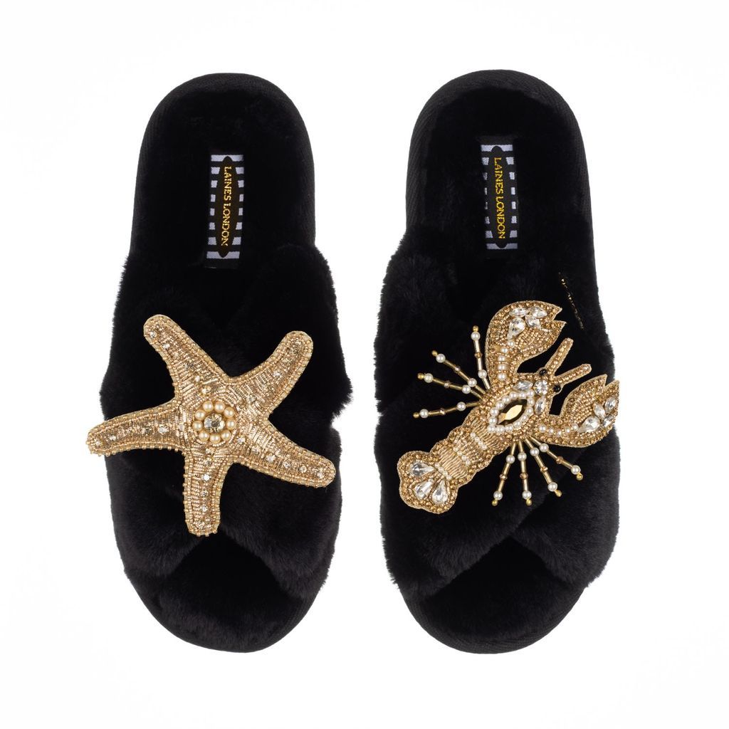 Women's Classic Laines Slippers With Artisan Gold Starfish & Lobster Brooches - Black Small LAINES LONDON