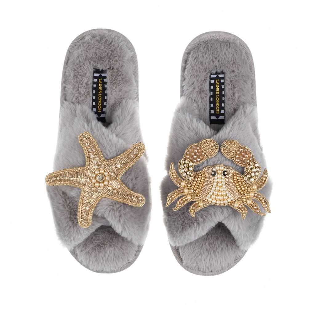 Women's Classic Laines Slippers With Artisan Gold Starfish & Crab Brooches - Grey Small LAINES LONDON