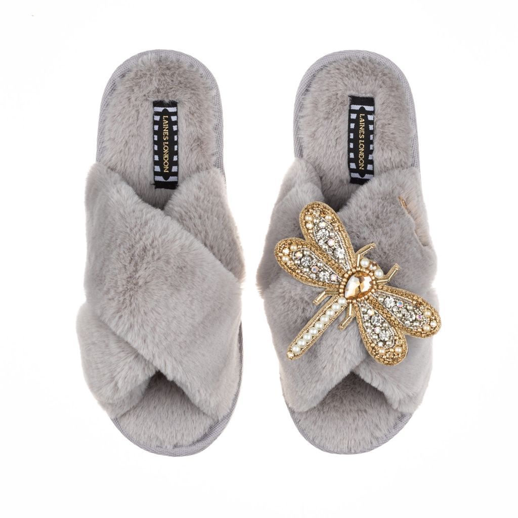 Women's Classic Laines Slippers With Artisan Gold, Silver & Pearl Dragonfly Brooch - Grey Small LAINES LONDON
