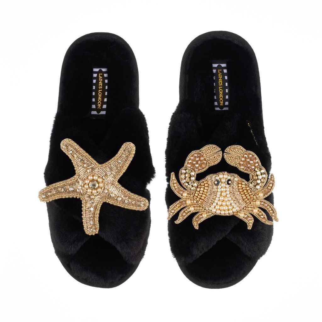 Women's Classic Laines Slippers With Artisan Gold Starfish & Crab Brooches - Black Small LAINES LONDON