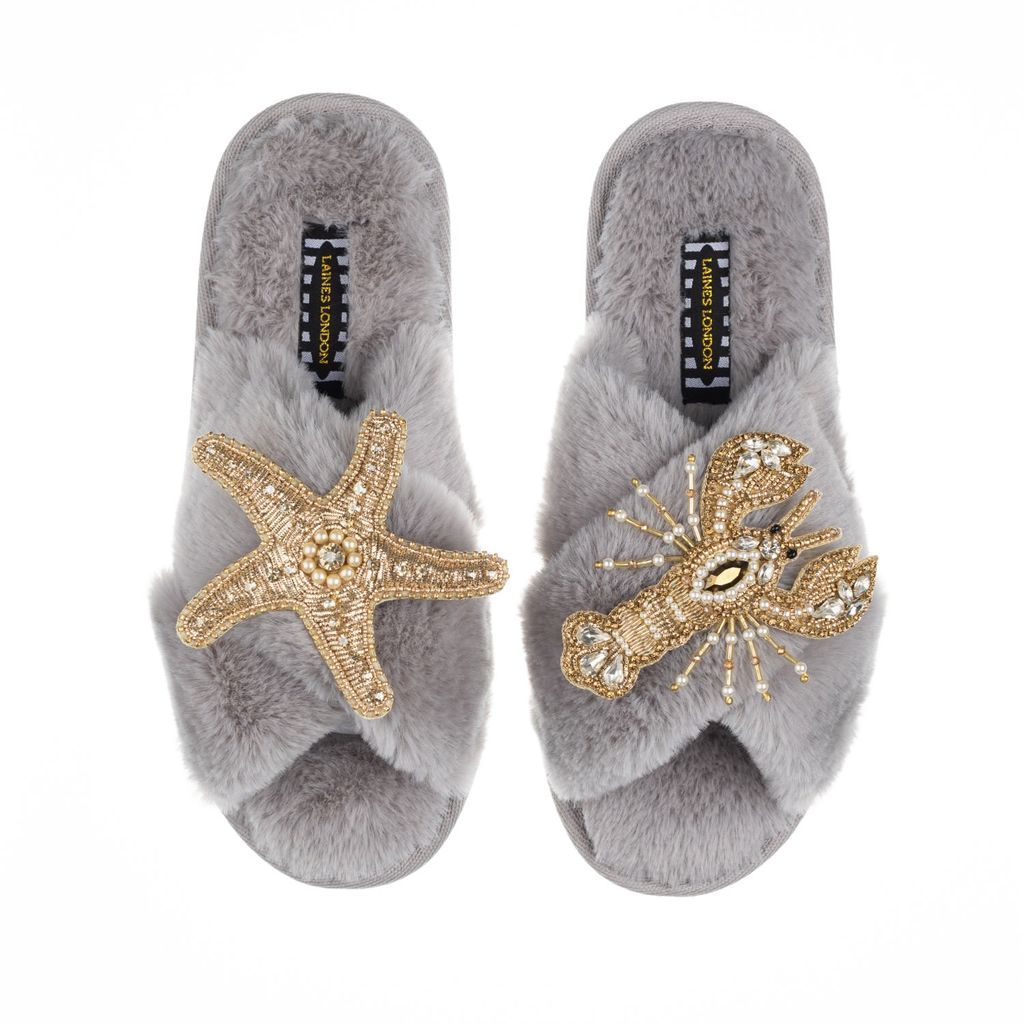 Women's Classic Laines Slippers With Artisan Gold Starfish & Lobster Brooches - Grey Small LAINES LONDON