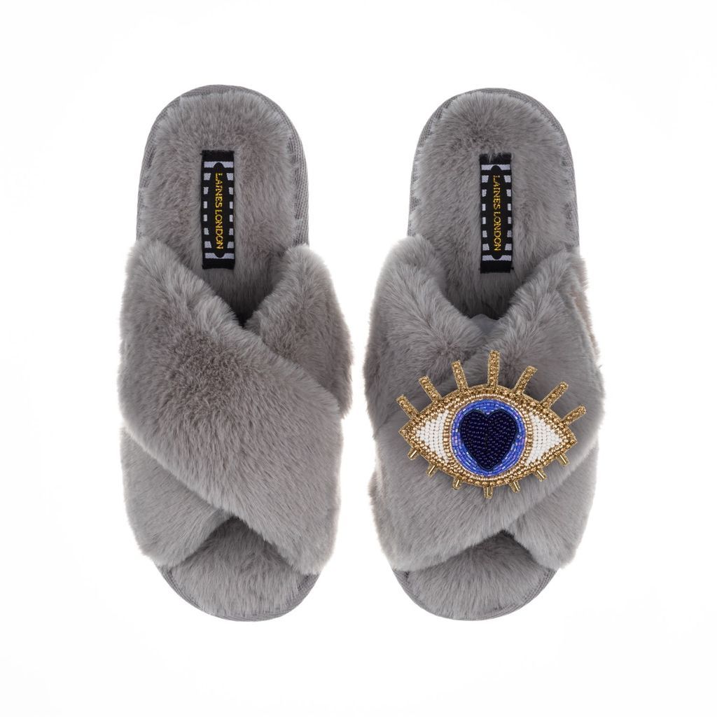 Women's Classic Laines Slippers With Artisan Golden Blue Eye Brooch - Grey Small LAINES LONDON