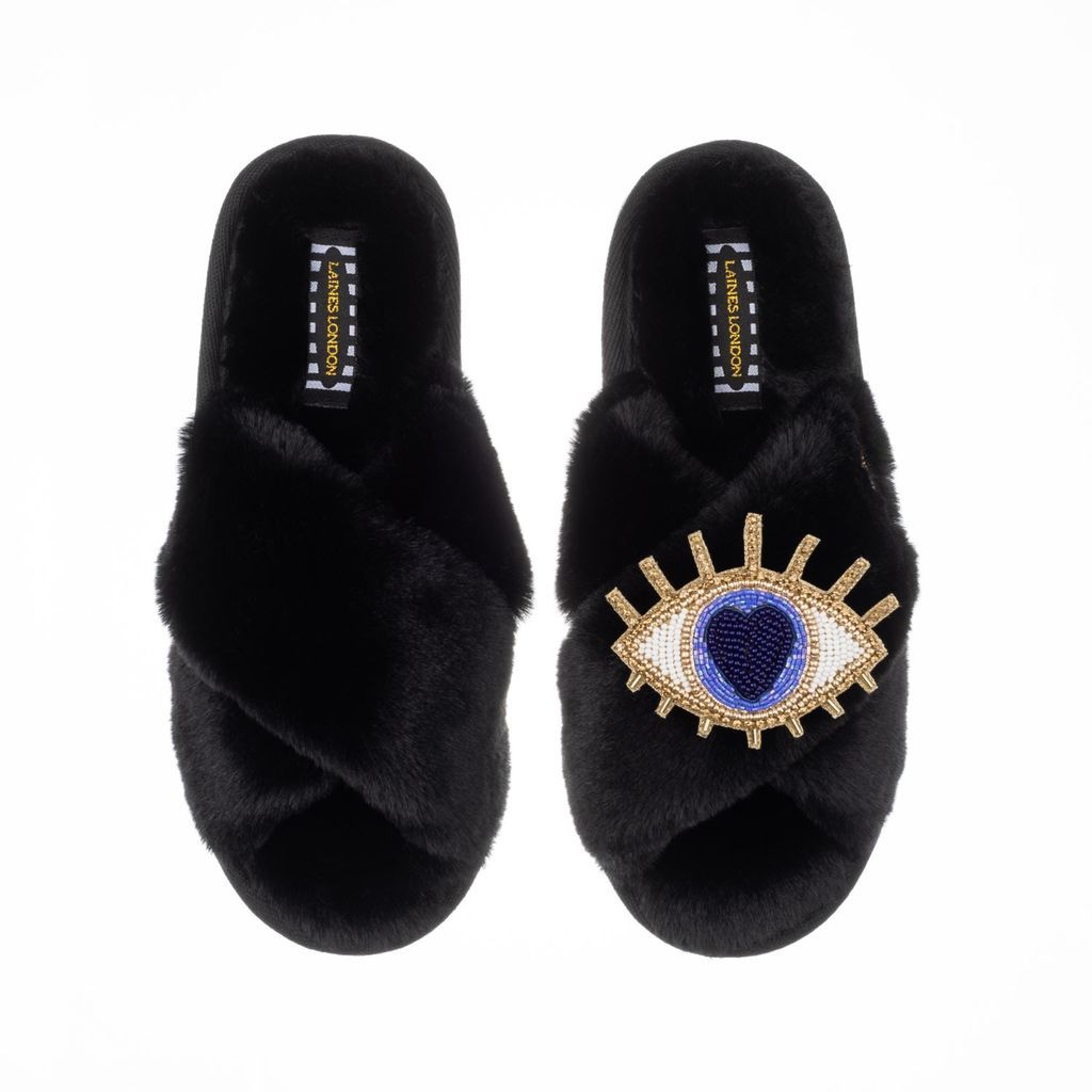 Women's Classic Laines Slippers With Artisan Golden Blue Eye Brooch - Black Small LAINES LONDON