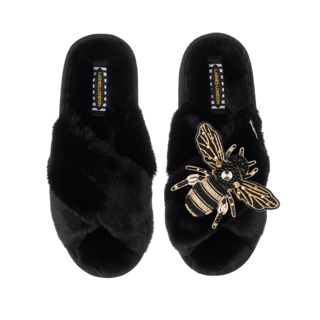 Women's Classic Laines Slippers With Artisan Golden Honeybee - Black Small LAINES LONDON