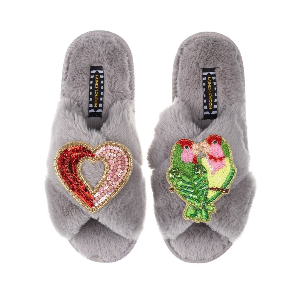 Women's Classic Laines Slippers With Artisan Heart & Love Birds Brooches - Grey Small LAINES LONDON