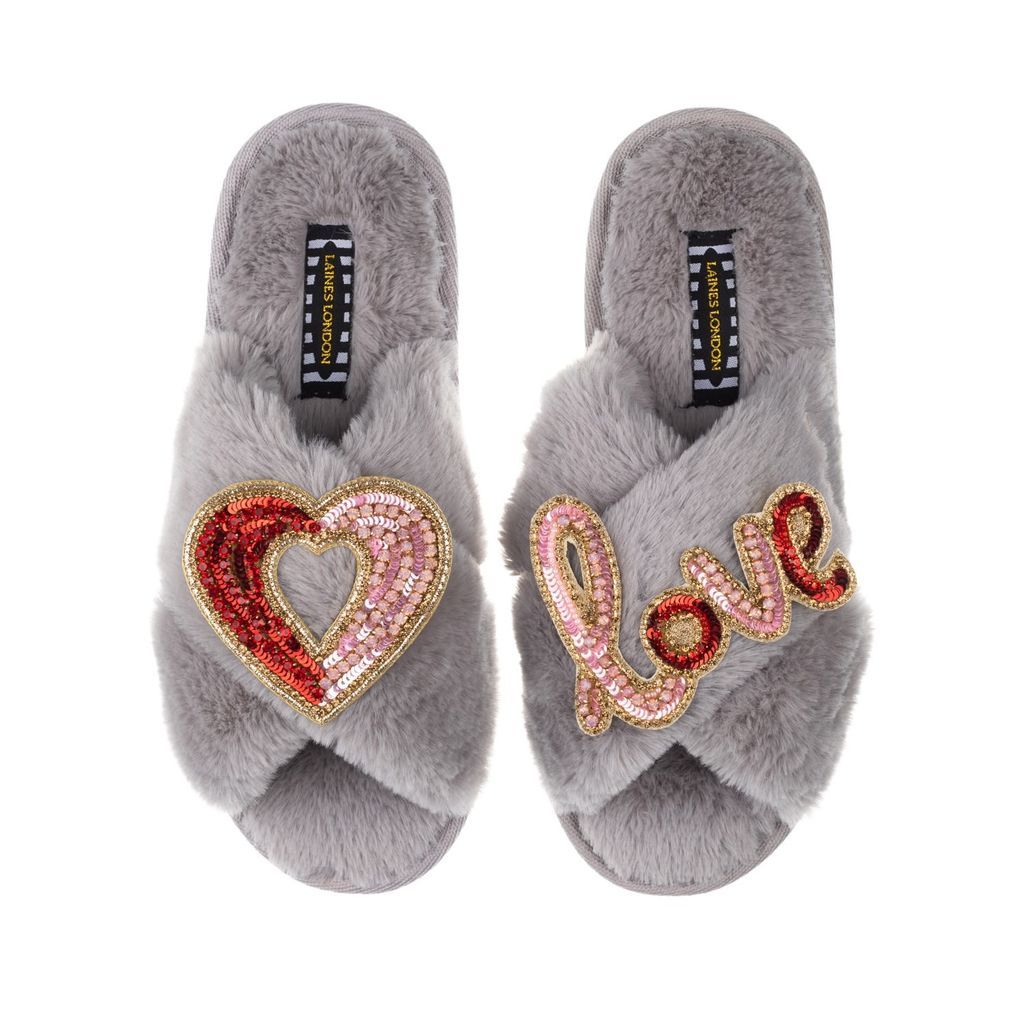 Women's Classic Laines Slippers With Artisan Heart & Love Brooches - Grey Small LAINES LONDON
