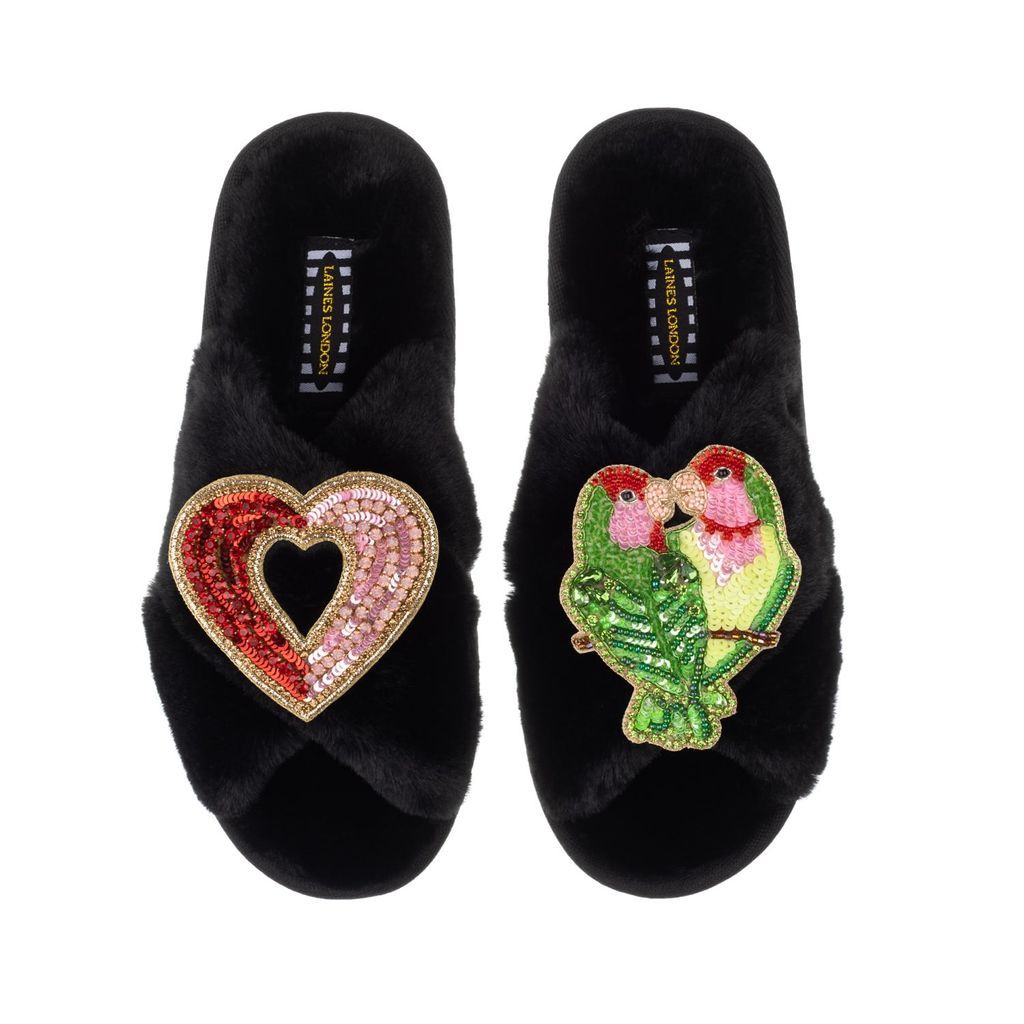 Women's Classic Laines Slippers With Artisan Heart & Love Birds Brooches - Black Small LAINES LONDON