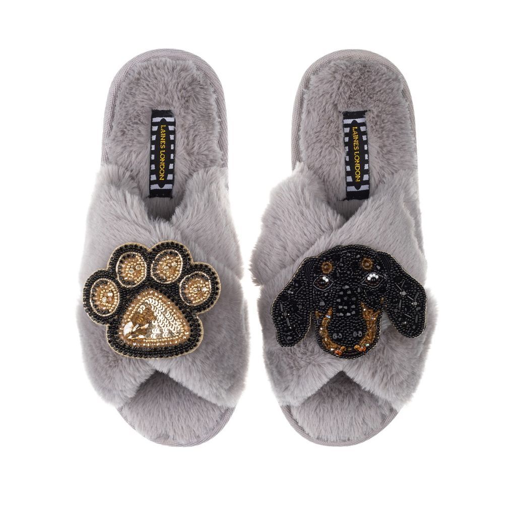Women's Classic Laines Slippers With Artisan Little Sausage & Paw Brooches - Grey Small LAINES LONDON