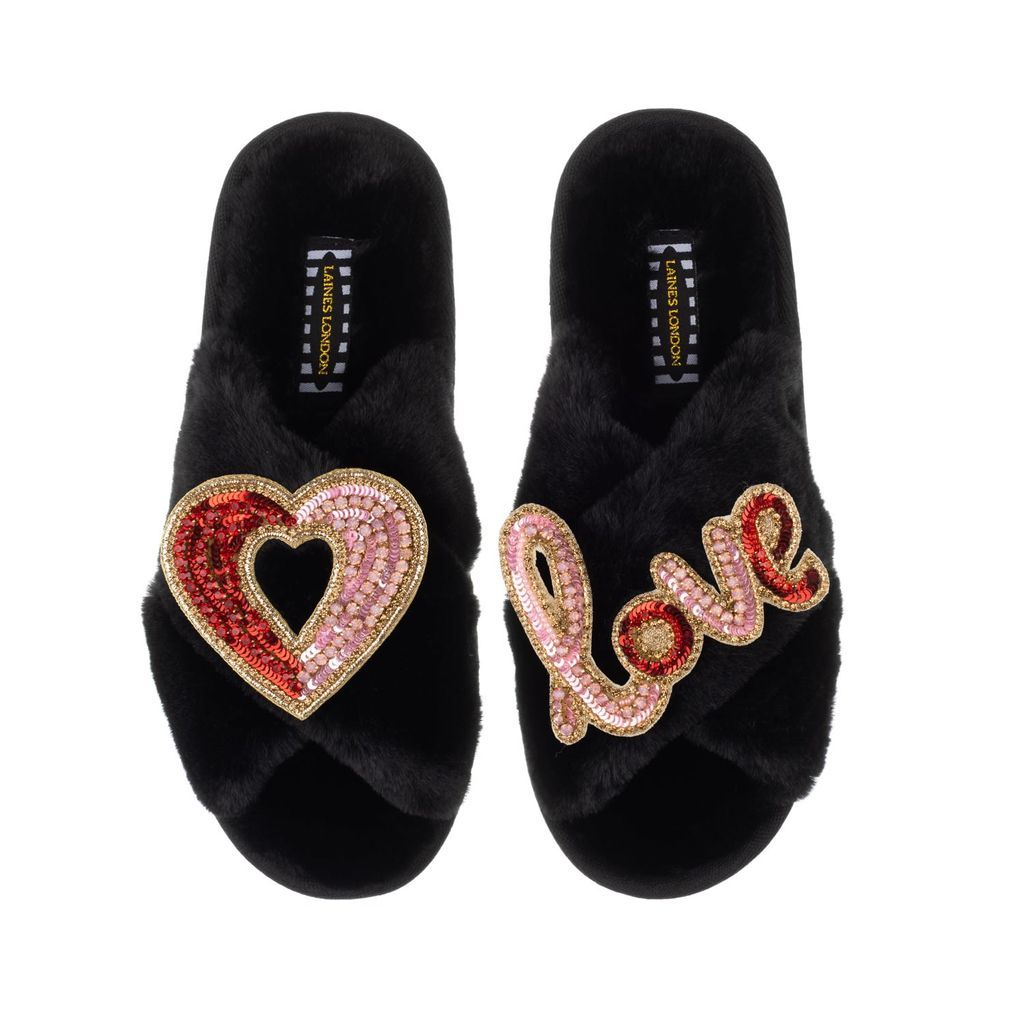 Women's Classic Laines Slippers With Artisan Heart & Love Brooches - Black Small LAINES LONDON